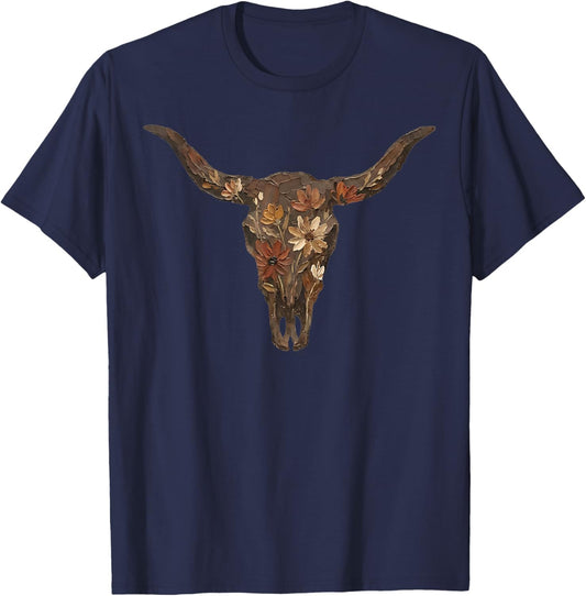 Brushstroke Floral Western Cow Skull Cowhide Rodeo T-Shirt - T-Shirt | Navy