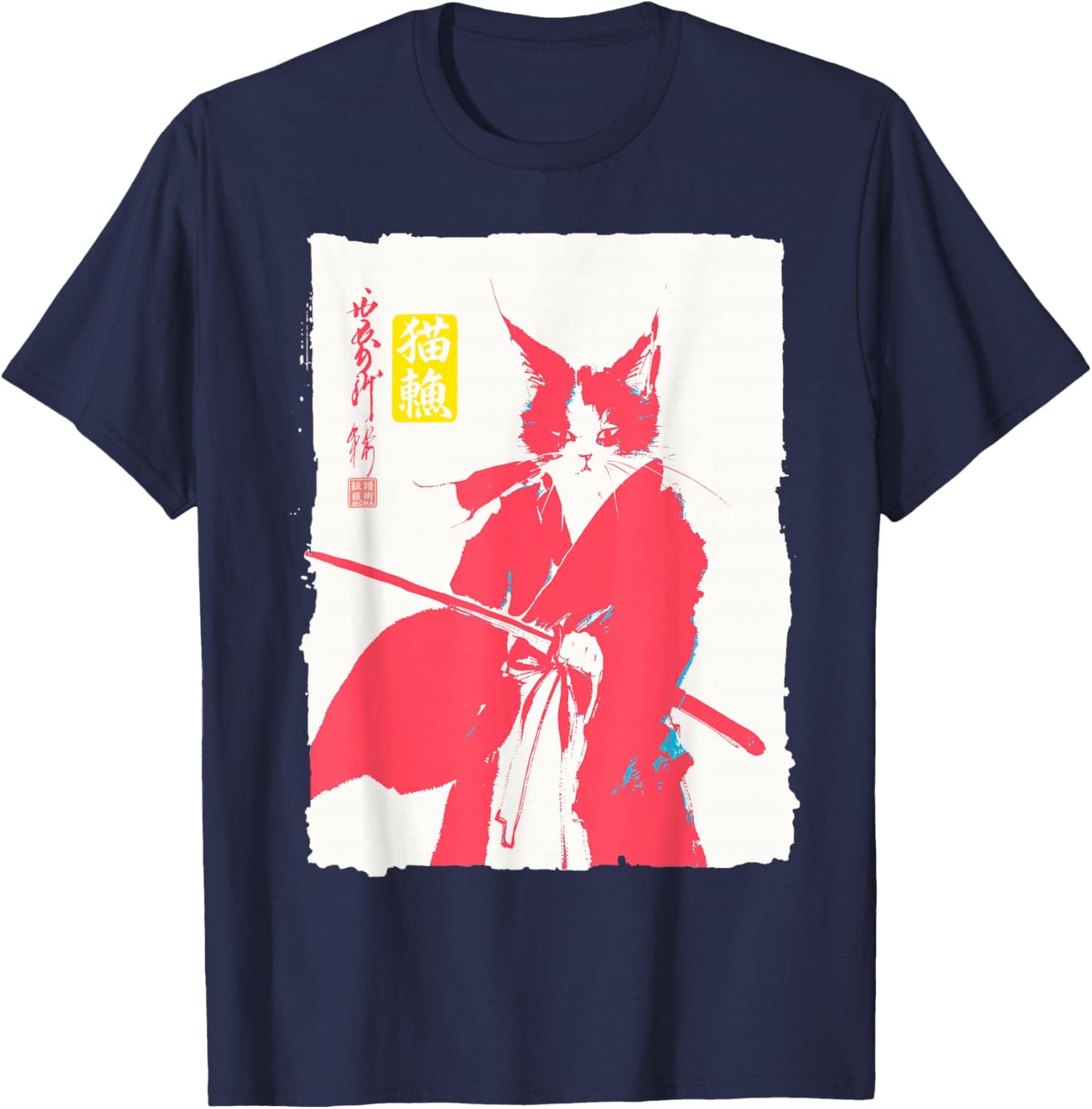 Samurai Cat Japanese Art Funny Anime Manga Graphic T-Shirt - T-Shirt | Navy