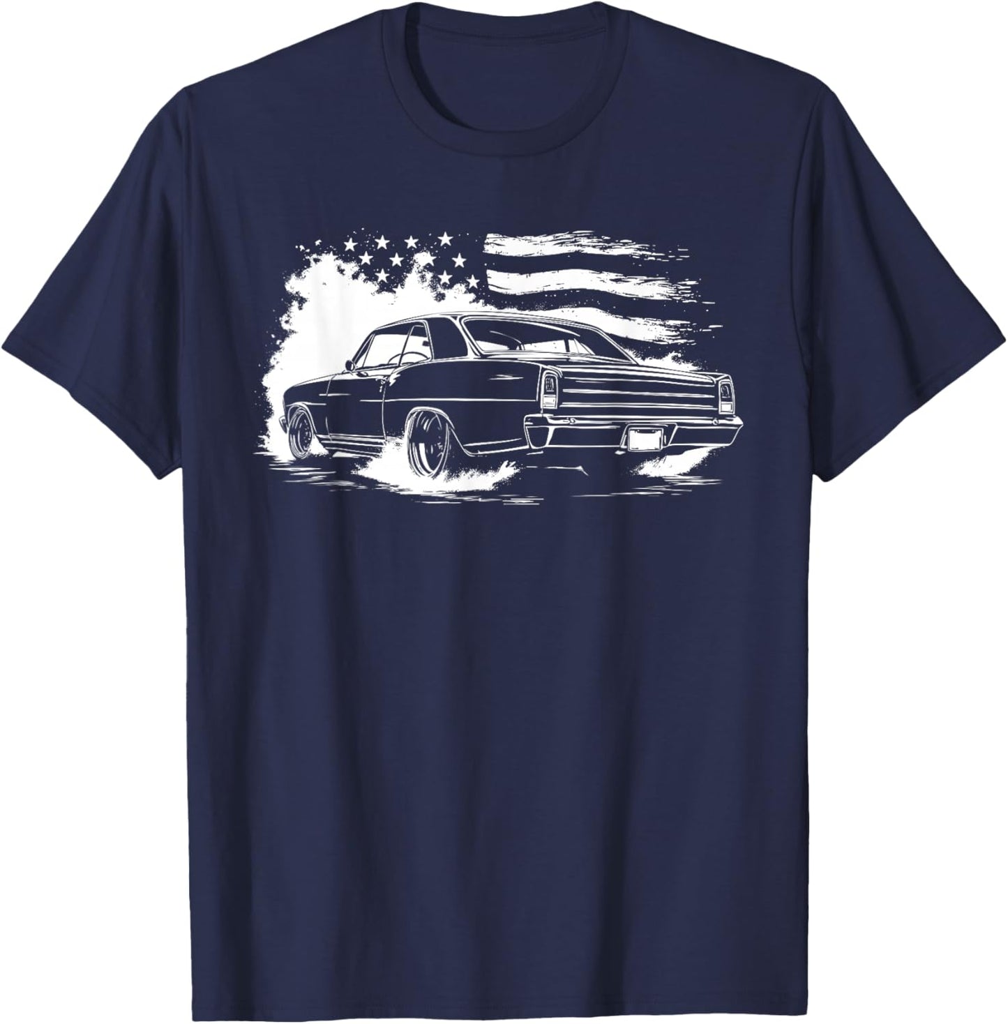 1966-1967 Nova Classic Flaming USA Flag Rear Silhouette T-Shirt - T-Shirt | Navy