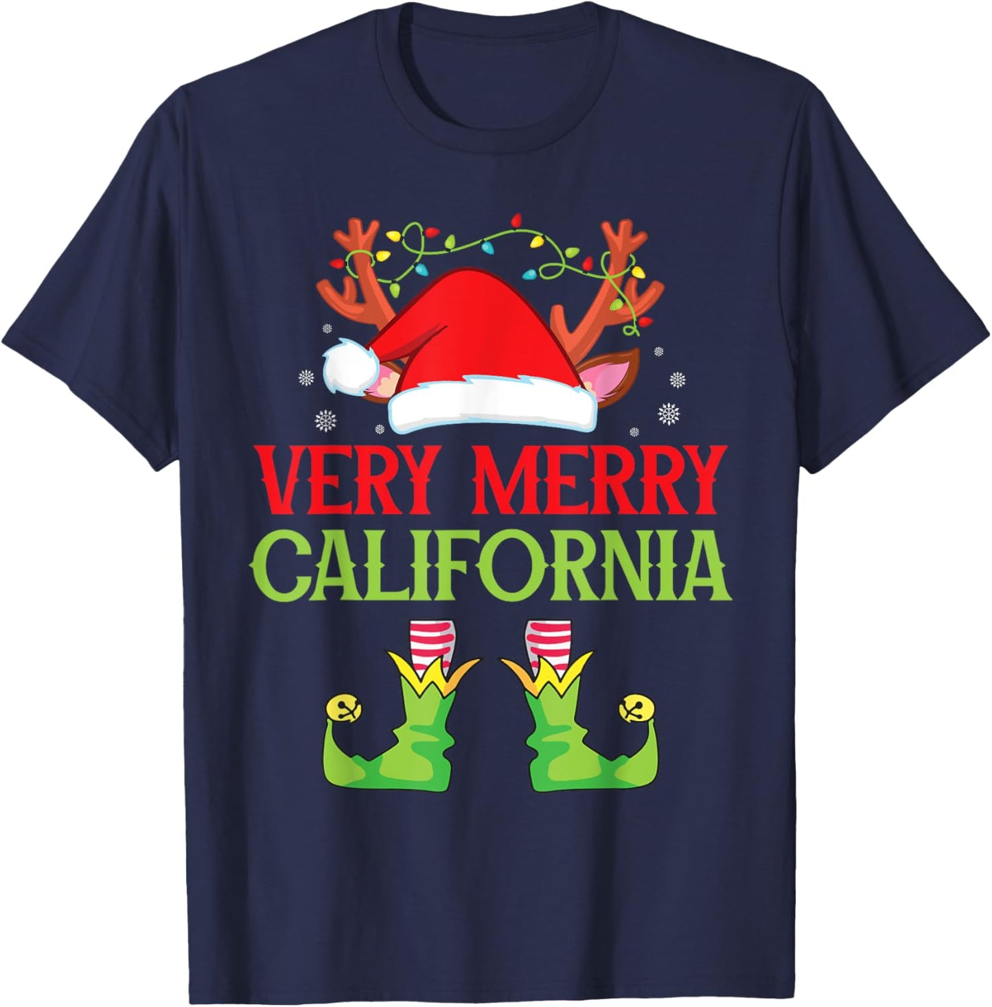 Festive Christmas Elf & Santa Claus Very Merry in CALIFORNIA T-Shirt - T-Shirt | Navy