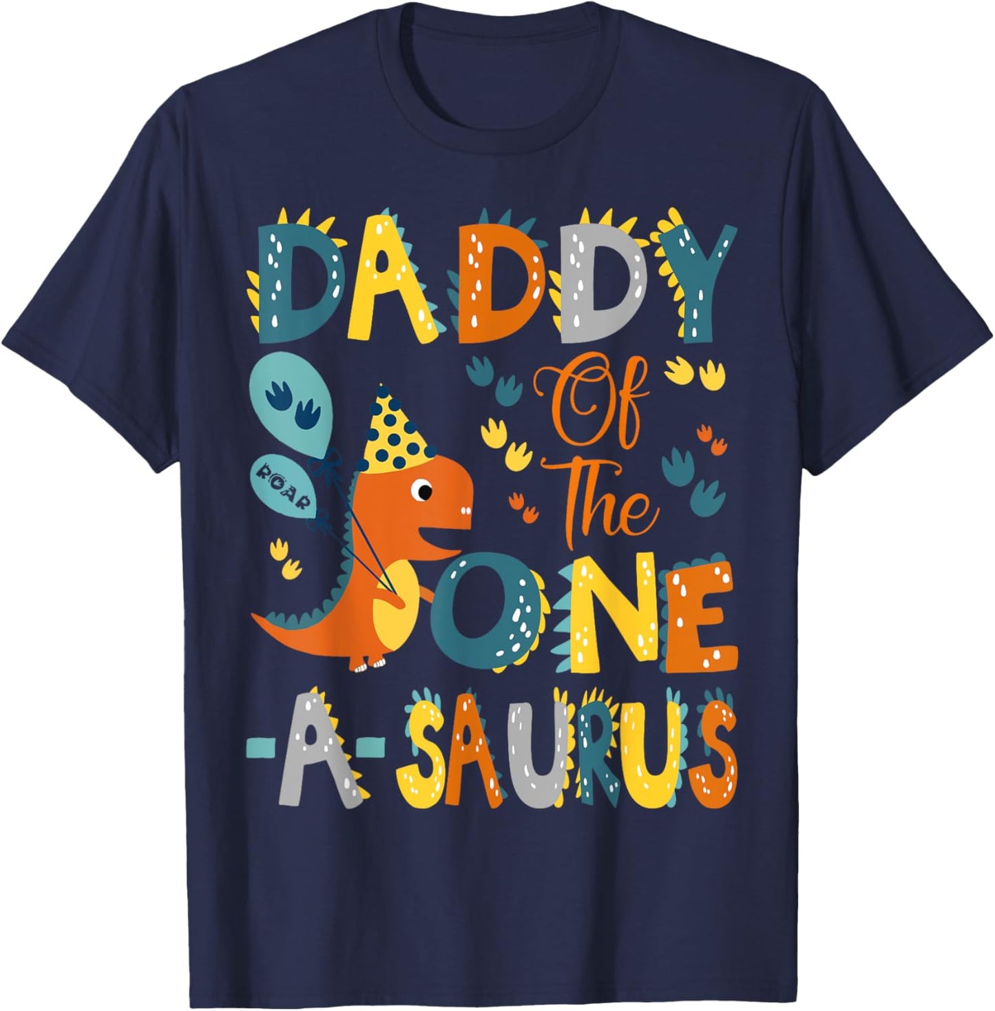Dinosaur T-Rex 1St Birthday Matching Family Daddy Of The One-A-Saurus -Kids Black Small Modern Classic Cartoon Dinosaur Birthday T-Shirt - T-Shirt | Navy