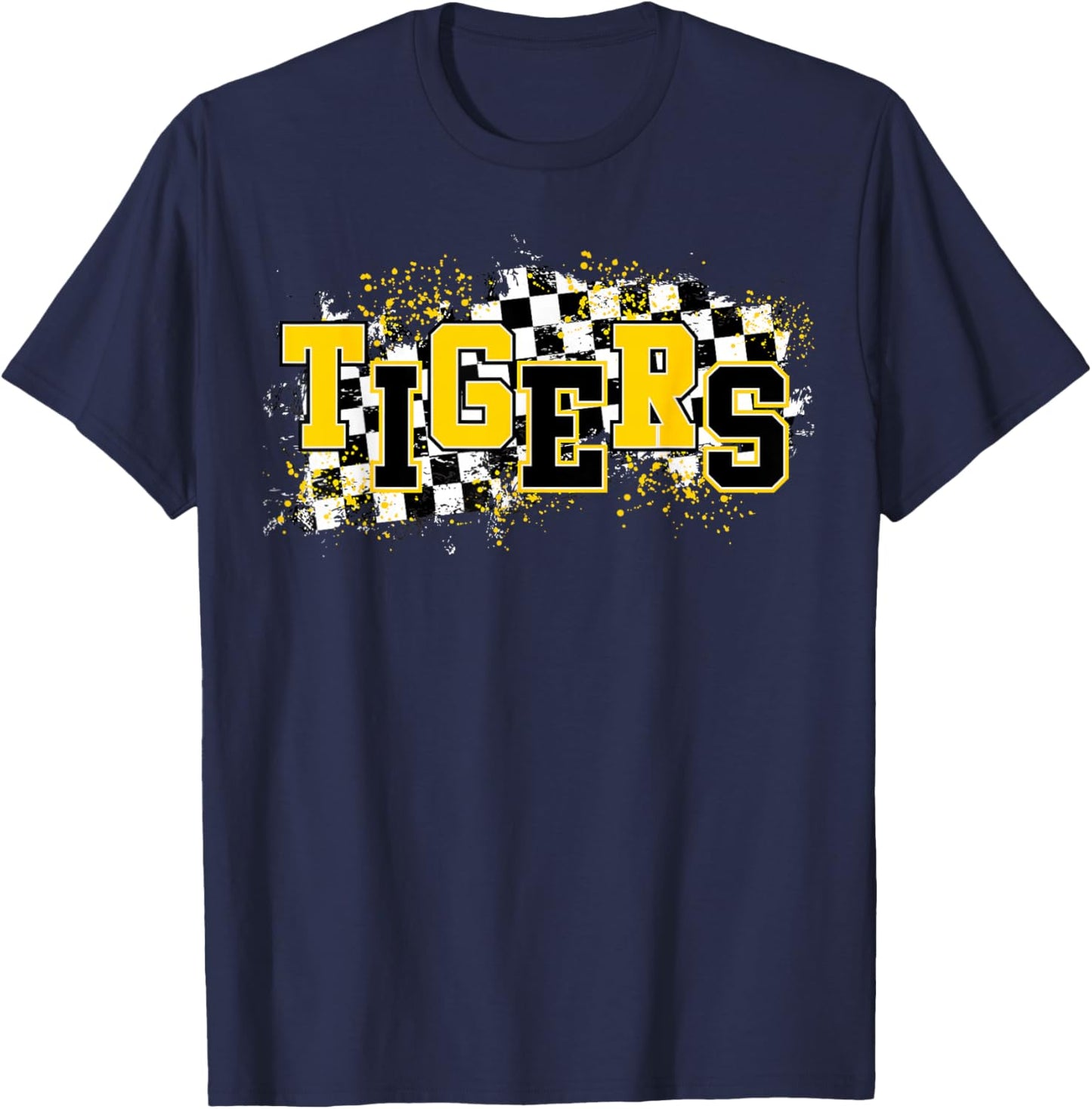 Tigers School Spirit Tiger Pride Yellow Black Tigers Checker T-Shirt - T-Shirt | Navy