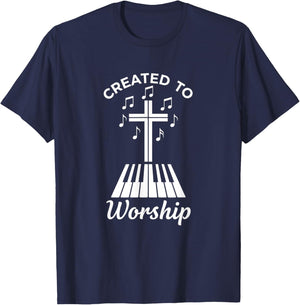 Christian Created to Worship Piano Cross Worship Design T-Shirt - T-Shirt | Navy