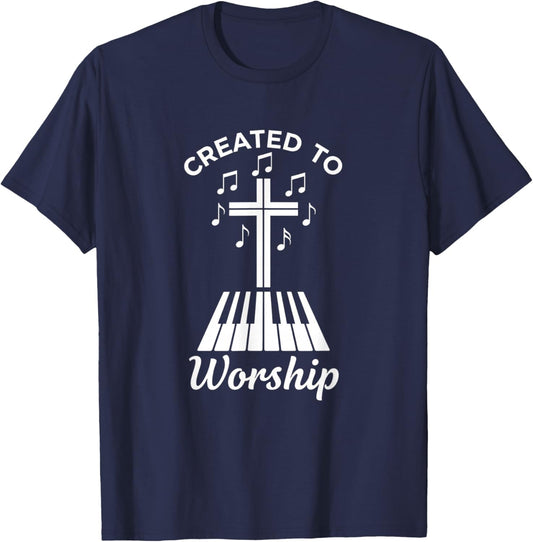 Christian Created to Worship Piano Cross Worship Design T-Shirt - T-Shirt | Navy