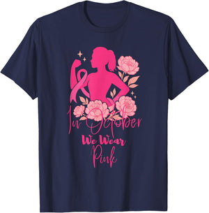 in October We Wear Pink Breast Cancer Awareness T-Shirt - T-Shirt | Navy