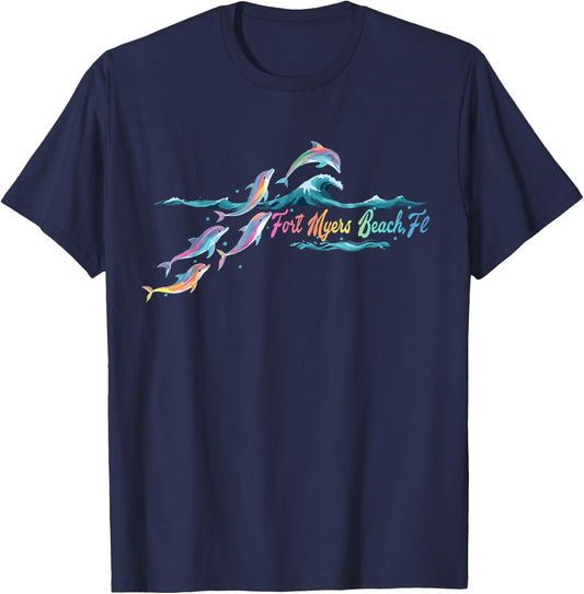 Fort Myers Beach Florida Colorful Dolphin Lover Beach T-Shirt - T-Shirt | Navy