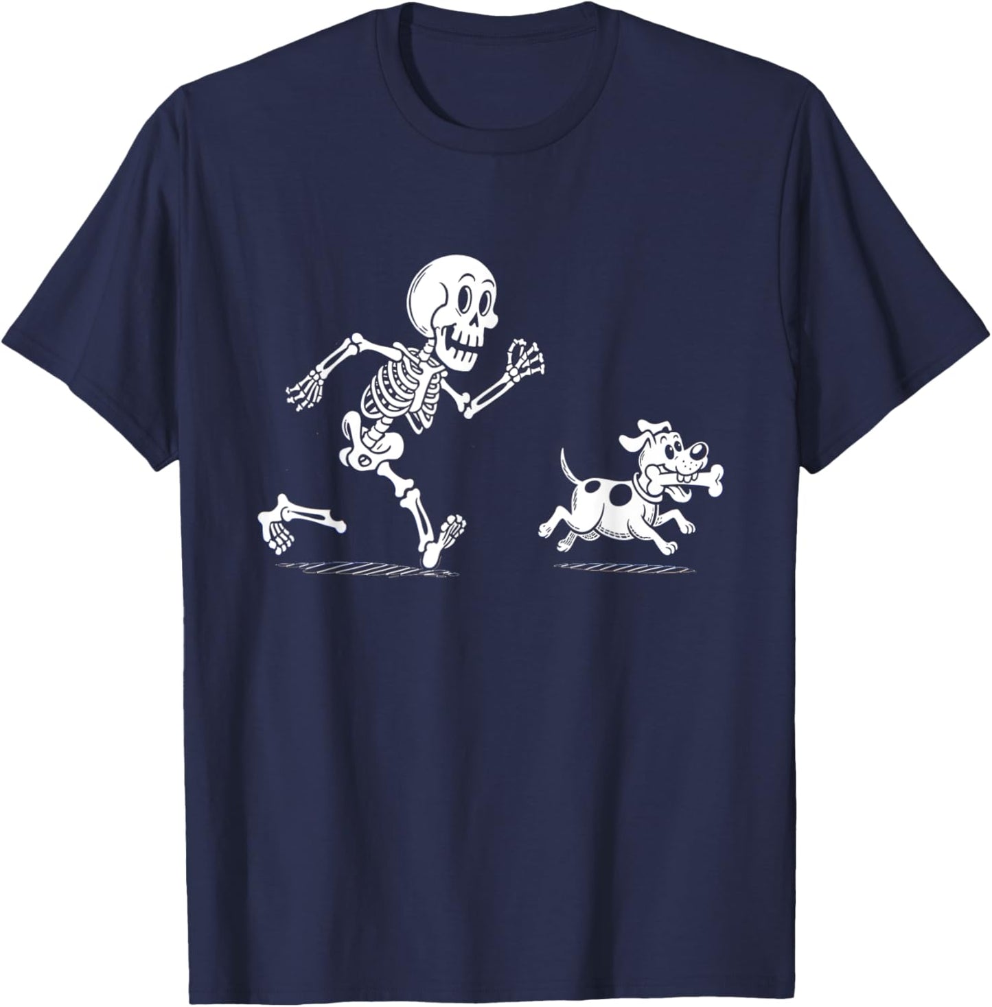 Halloween Dog, Funny Skeleton, Skeleton Chasing Dog T-Shirt - T-Shirt | Navy