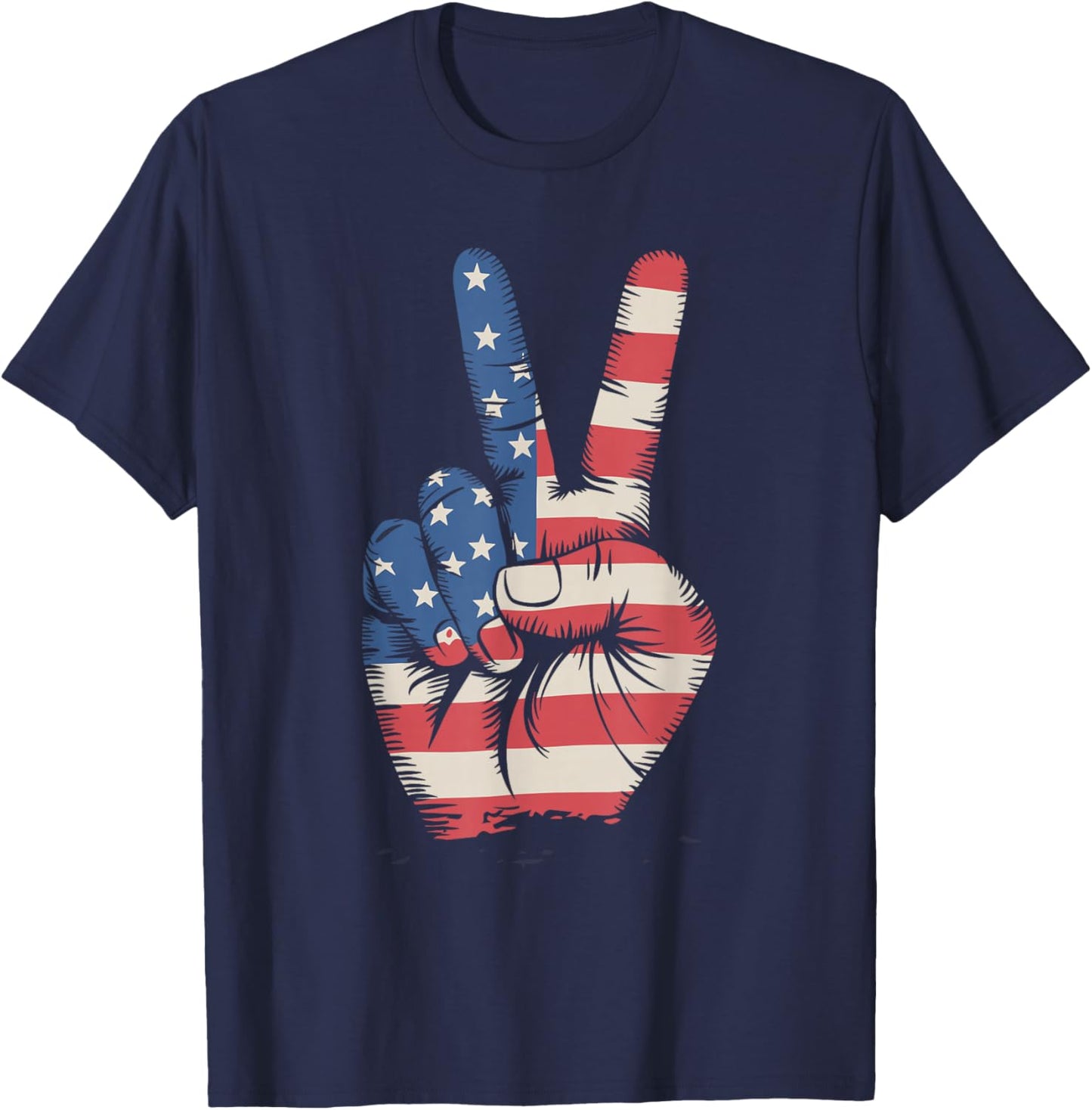 USA Flag Peace Sign Hand 4th of July T-Shirt - T-Shirt | Navy