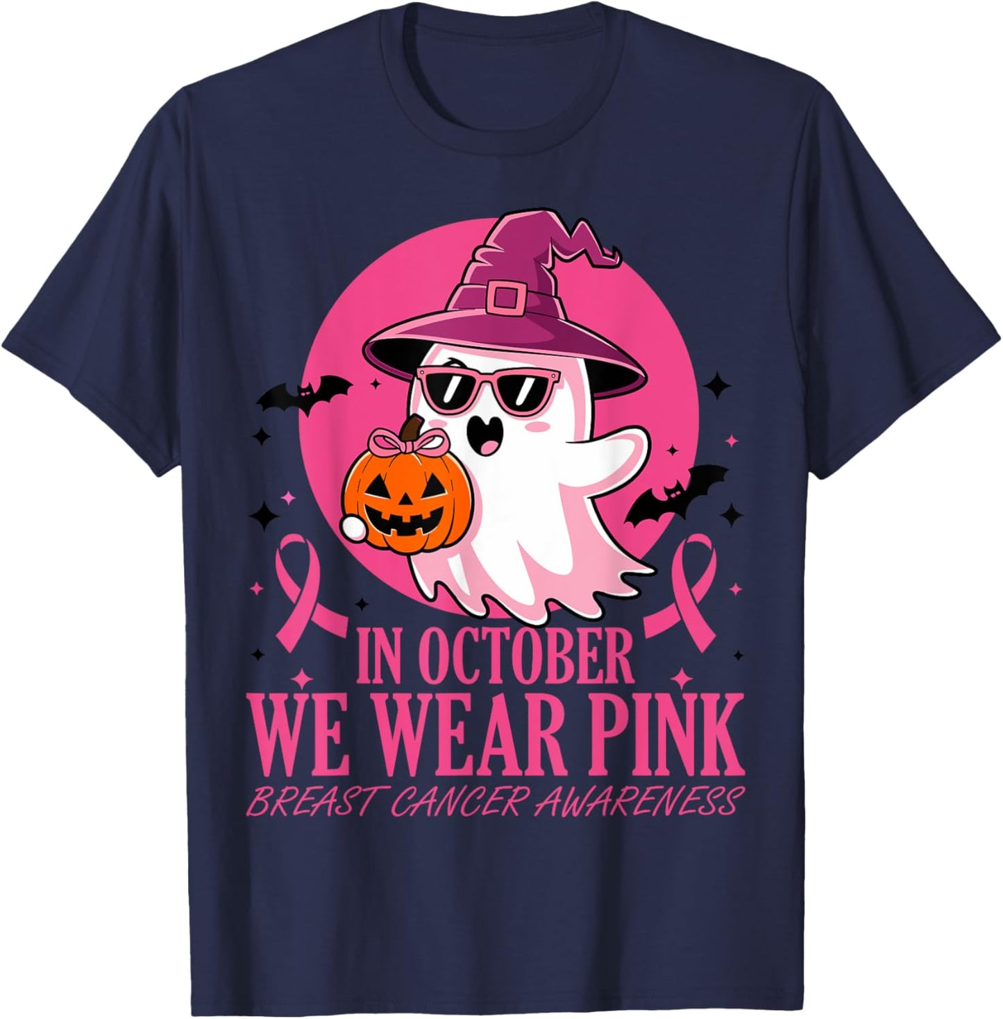 In October We Wear Pink Breast Cancer Awareness Halloween T-Shirt - T-Shirt | Navy