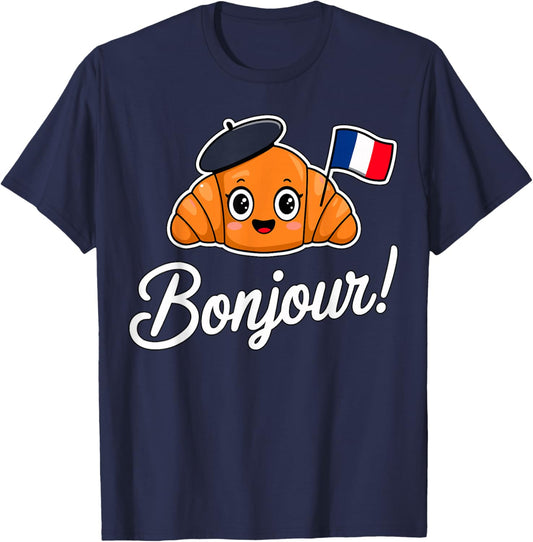 Bonjour Croissant French Cute France Vacation T-Shirt - T-Shirt | Navy