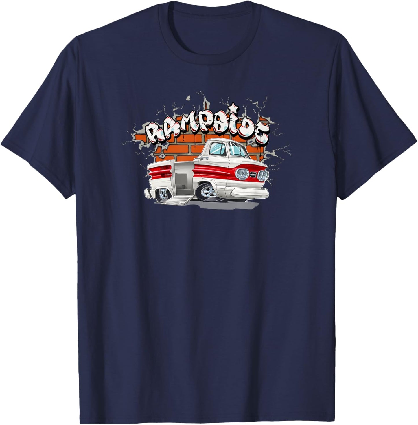 Corvair Rampside Pickup Truck Cartoon Graffiti Brick Wall T-Shirt - T-Shirt | Navy