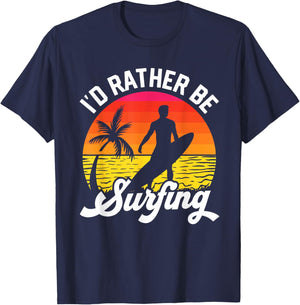 I'd Rather Be Surfing Surfboard Surfer Silhouette Retro T-Shirt - T-Shirt | Navy