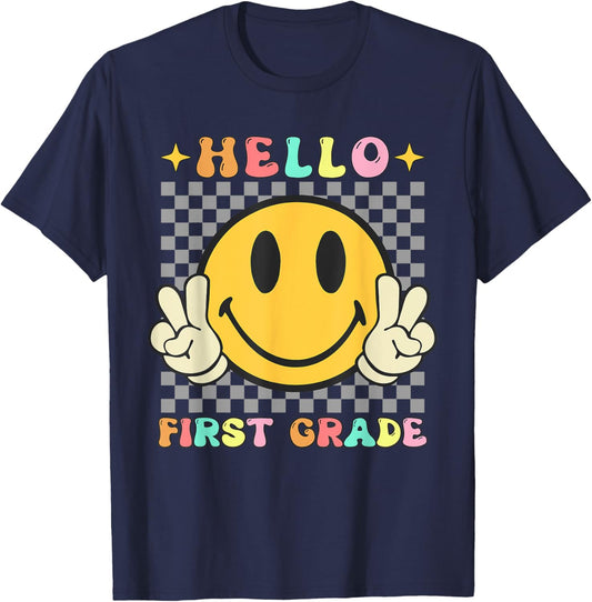Retro Groovy 1st Grade Back to School Hello First Grade T-Shirt - T-Shirt | Navy