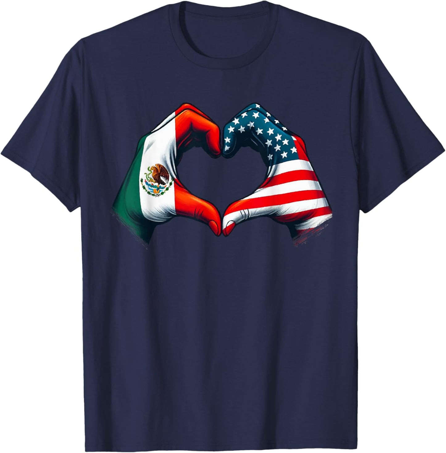 Vintage Mexican American Flag Heart Hands Love Mexico USA T-Shirt - T-Shirt | Navy