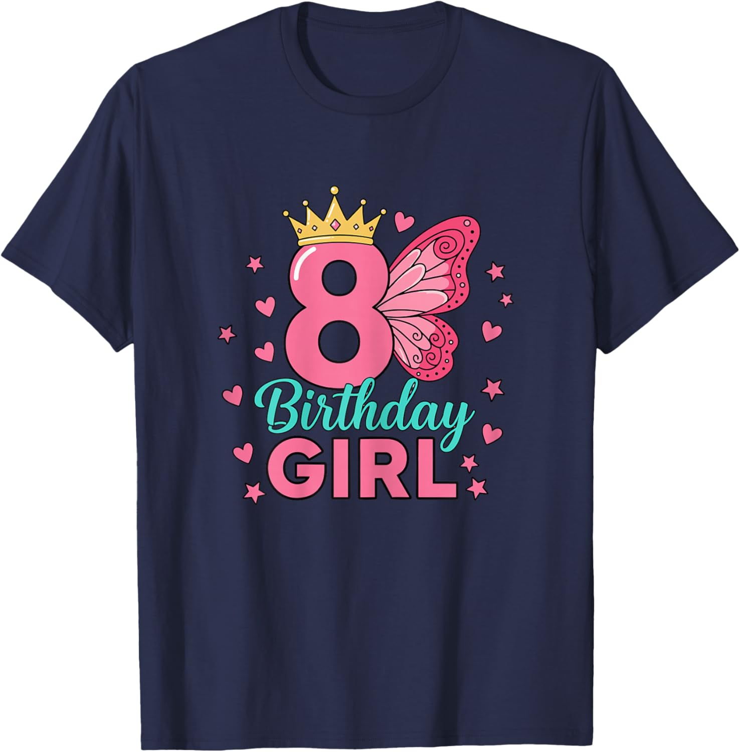 Fairy Wings Butterfly 8th Birthday Girl Princess T-Shirt - T-Shirt | Navy