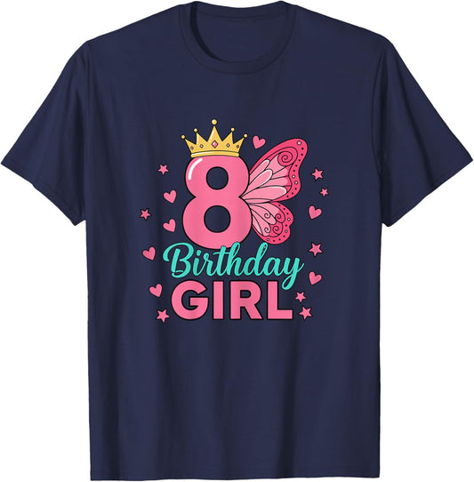 Fairy Wings Butterfly 8th Birthday Girl Princess T-Shirt - T-Shirt | Navy