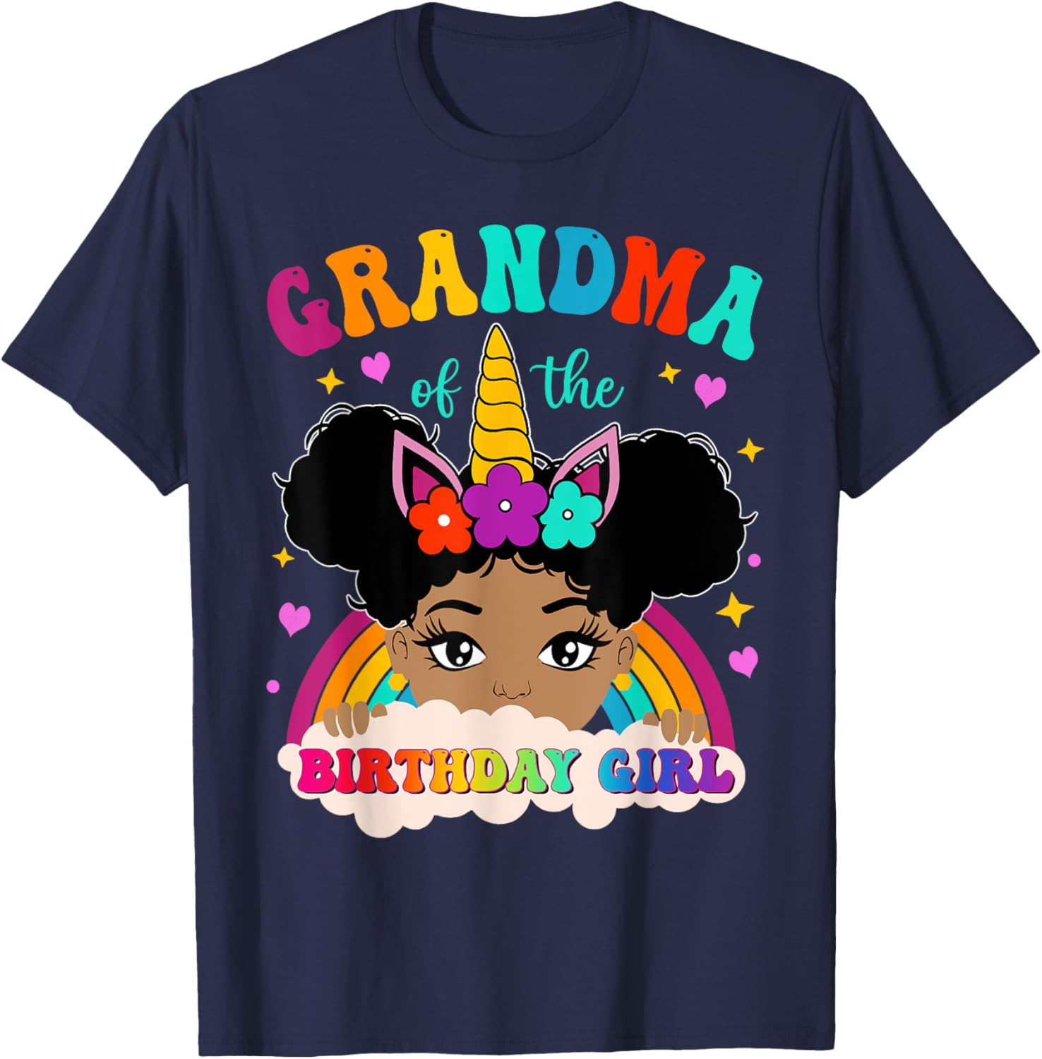 Grandma of The Birthday Girl Rainbow Afro Melanin Unicorn T-Shirt - T-Shirt | Navy