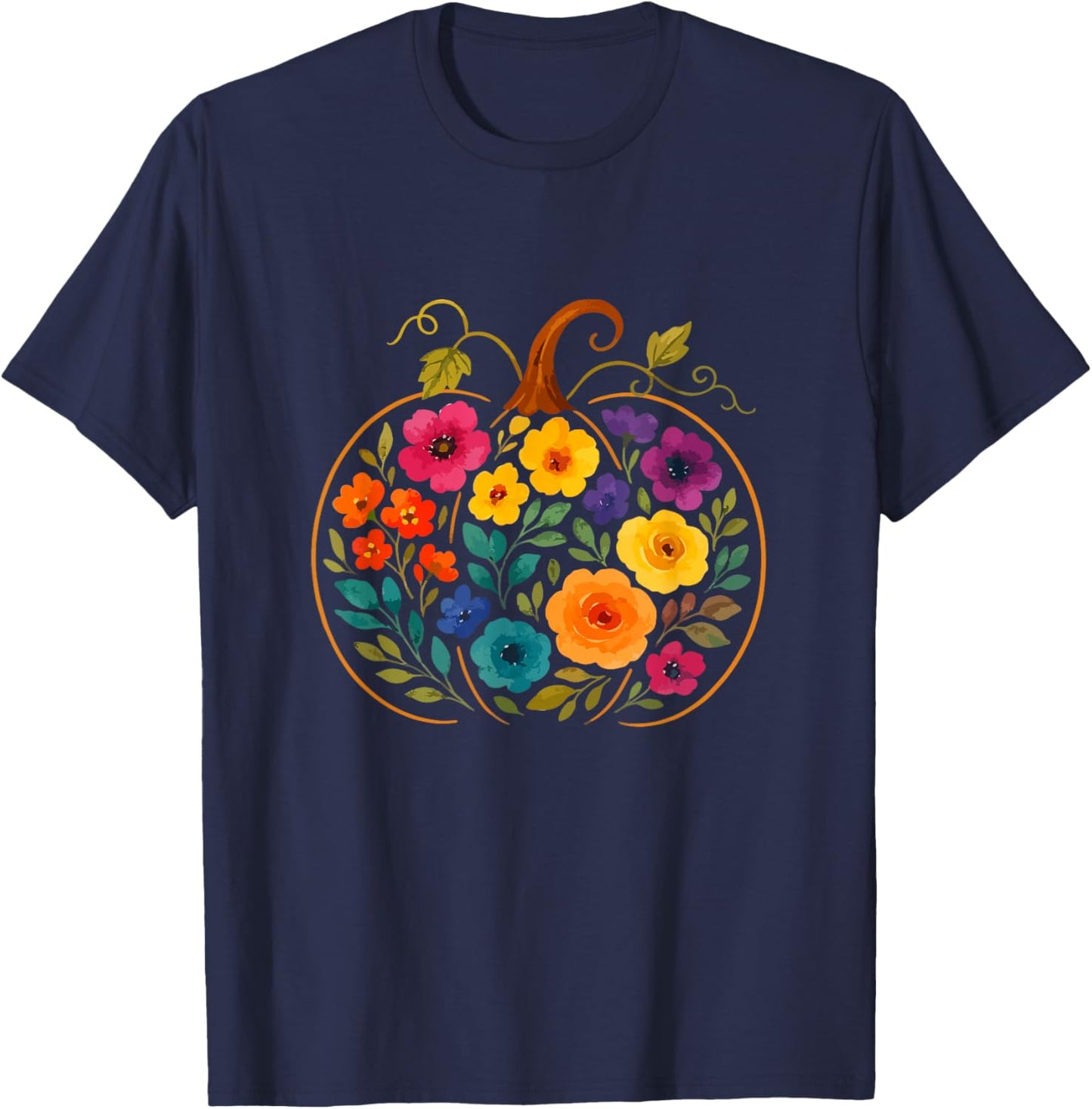 Colorful Flowers Pumpkin Shape Thanksgiving Farmer Farming T-Shirt - T-Shirt | Navy