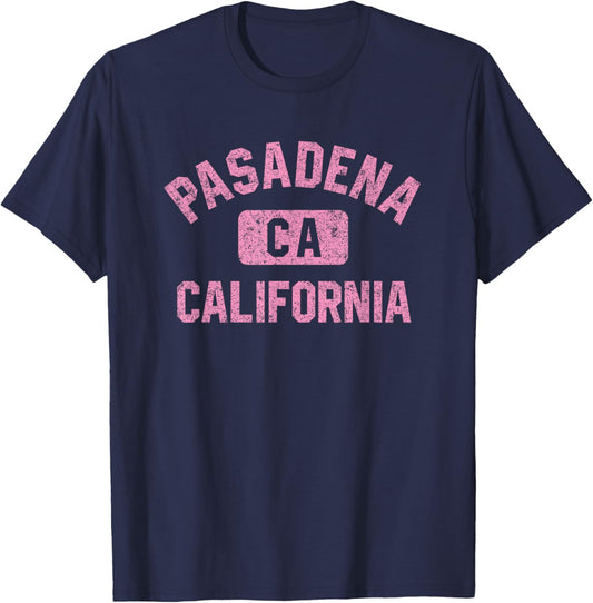 Pasadena California Gym Style Distressed Pink Print T-Shirt - T-Shirt | Navy