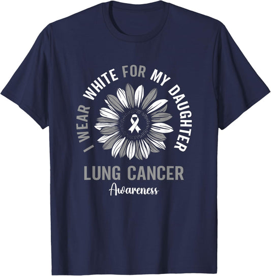 I Wear White For My Daughter Lung Cancer Awareness Sunflower T-Shirt - T-Shirt | Navy