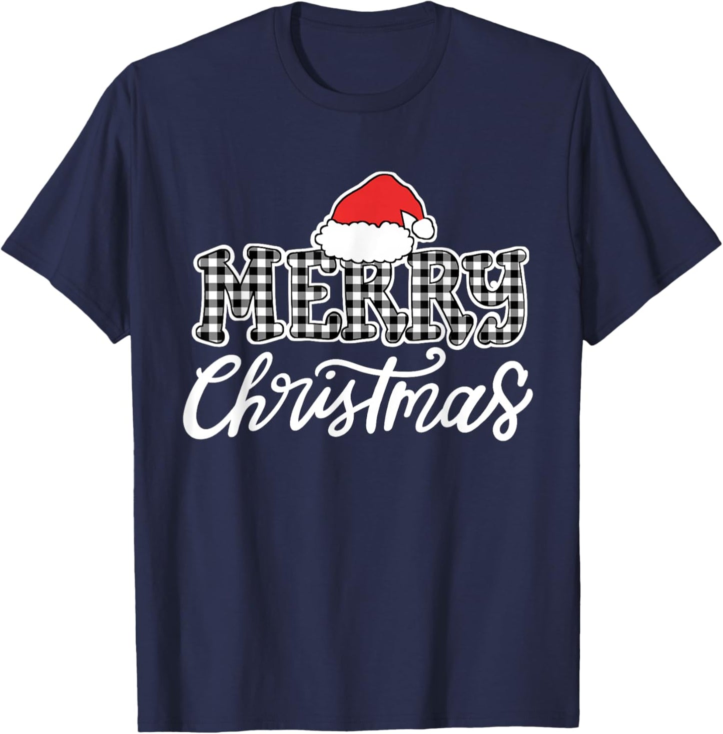 Merry Christmas Buffalo Black and White Plaid Men Women Kids T-Shirt - T-Shirt | Navy