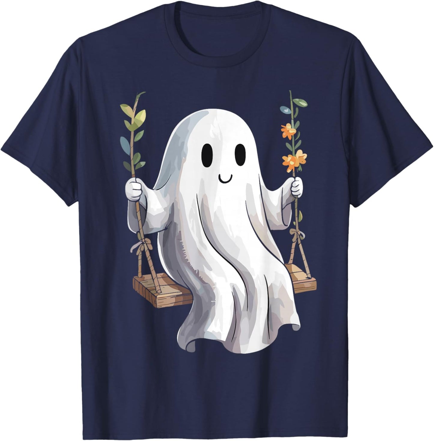 Halloween Ghost On Swing Autumn Flowers Cute Spooky T-Shirt - T-Shirt | Navy