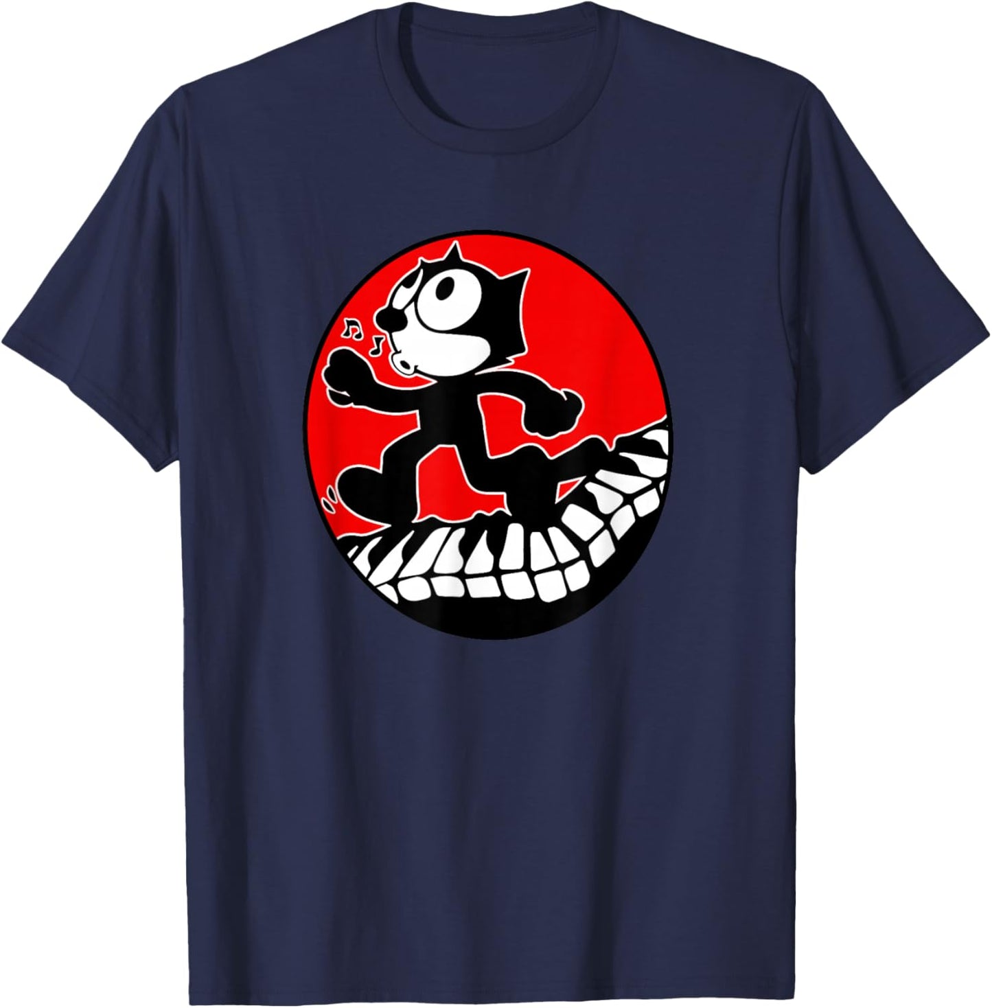 Felix Cartoon Cat Walks and Whistles on Piano Keyboard Retro T-Shirt - T-Shirt | Navy