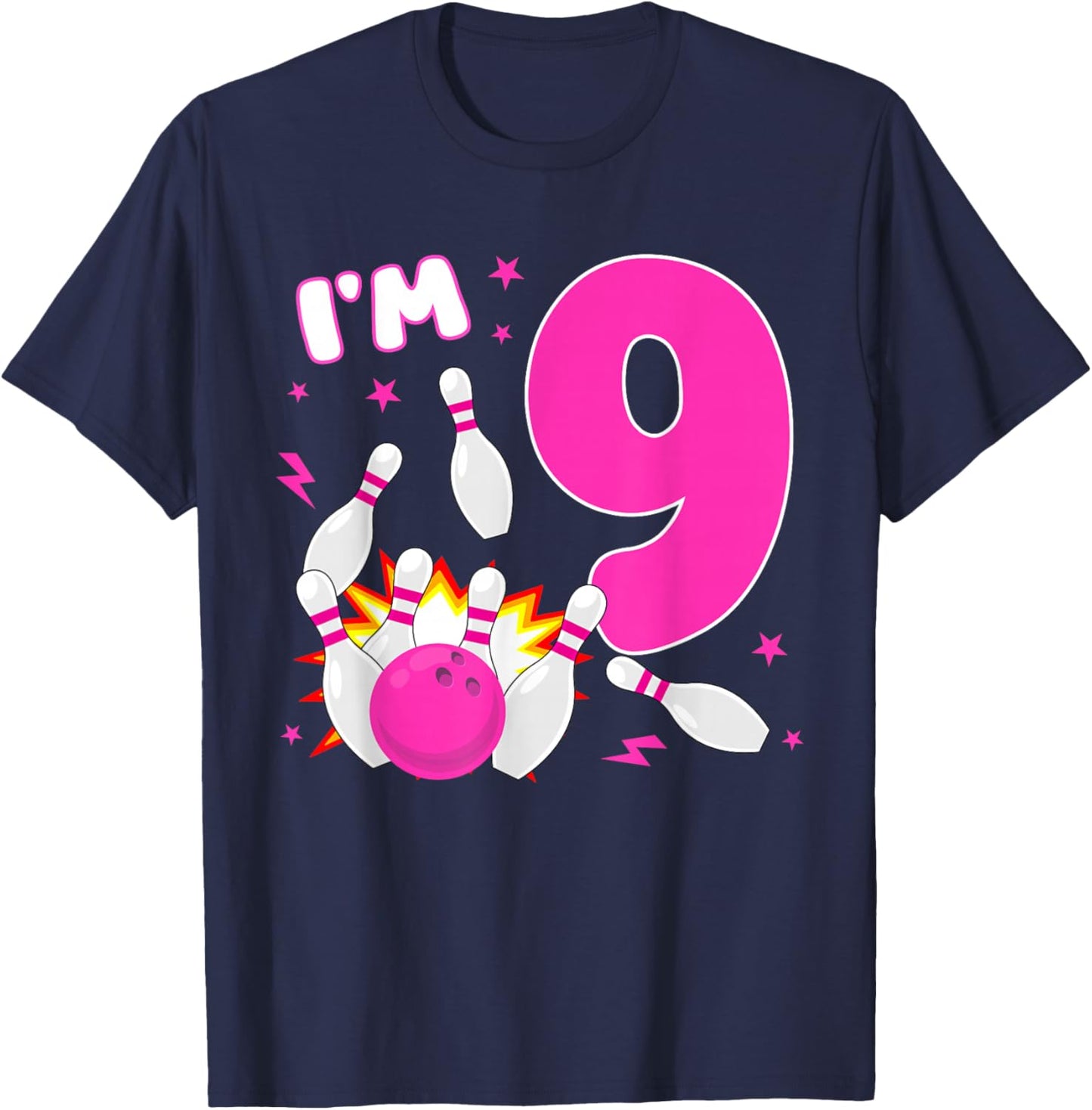 9th Birthday Girl Bowling Themed Party 9 Year Old T-Shirt - T-Shirt | Navy