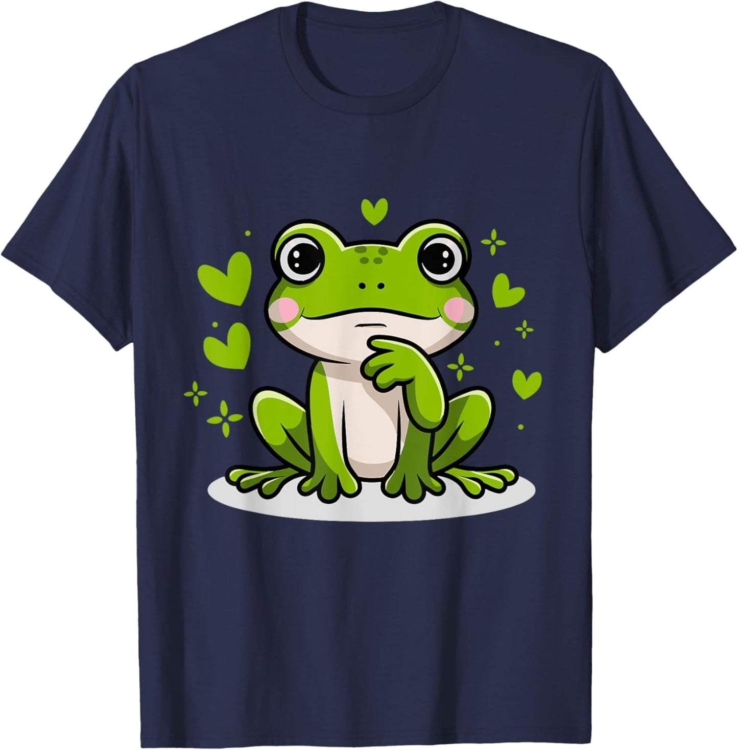 Cute Frog With Green Hearts , Black, S T-Shirt - T-Shirt | Navy