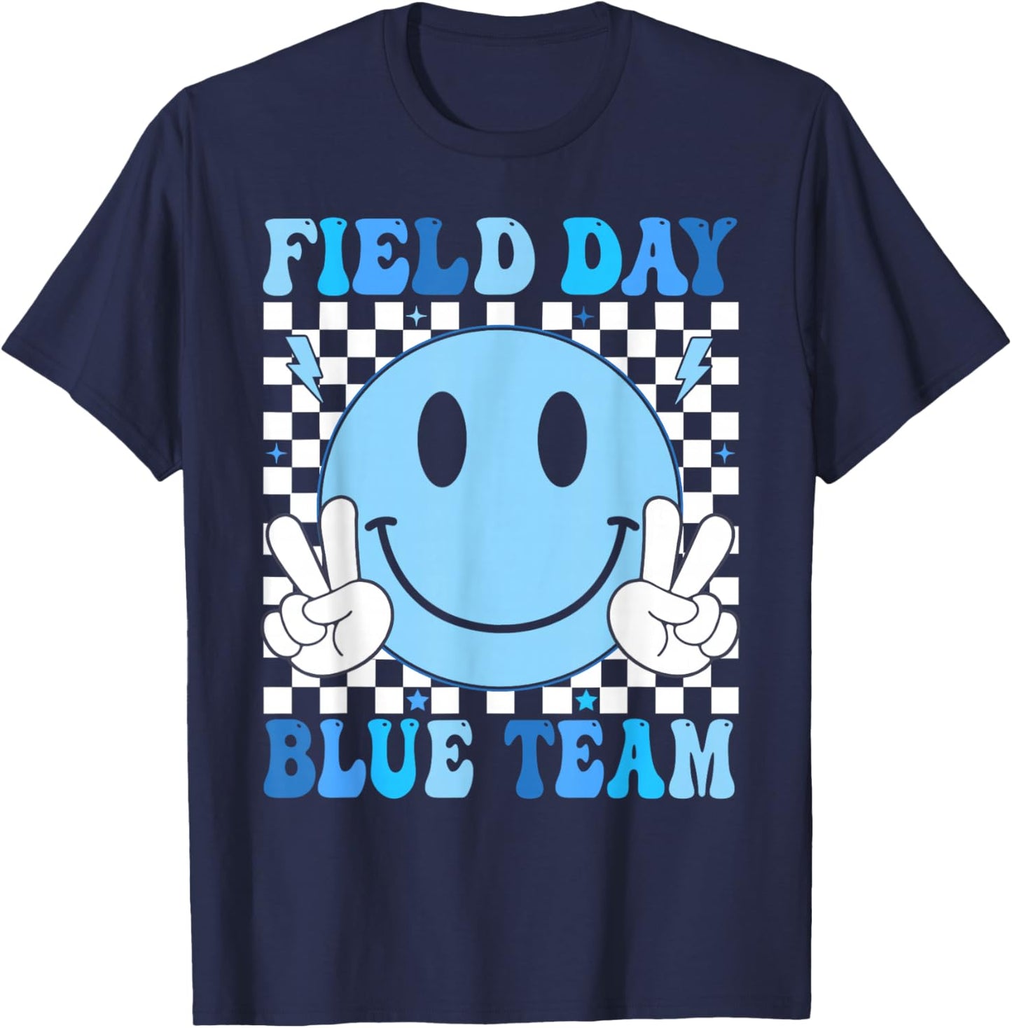 Field Day Blue Team Retro Smile Teacher Kids Field Day 2026 T-Shirt - T-Shirt | Navy