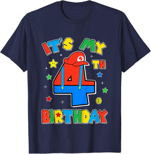 Kids 4th Birthday Boy Super Gamer Gaming Theme B-day Party Boys T-Shirt - T-Shirt | Navy