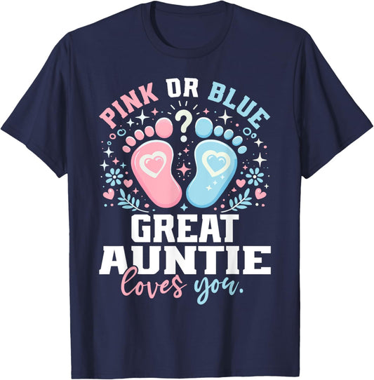 Pink or Blue Great Auntie Footprints Gender Reveal T-Shirt - T-Shirt | Navy