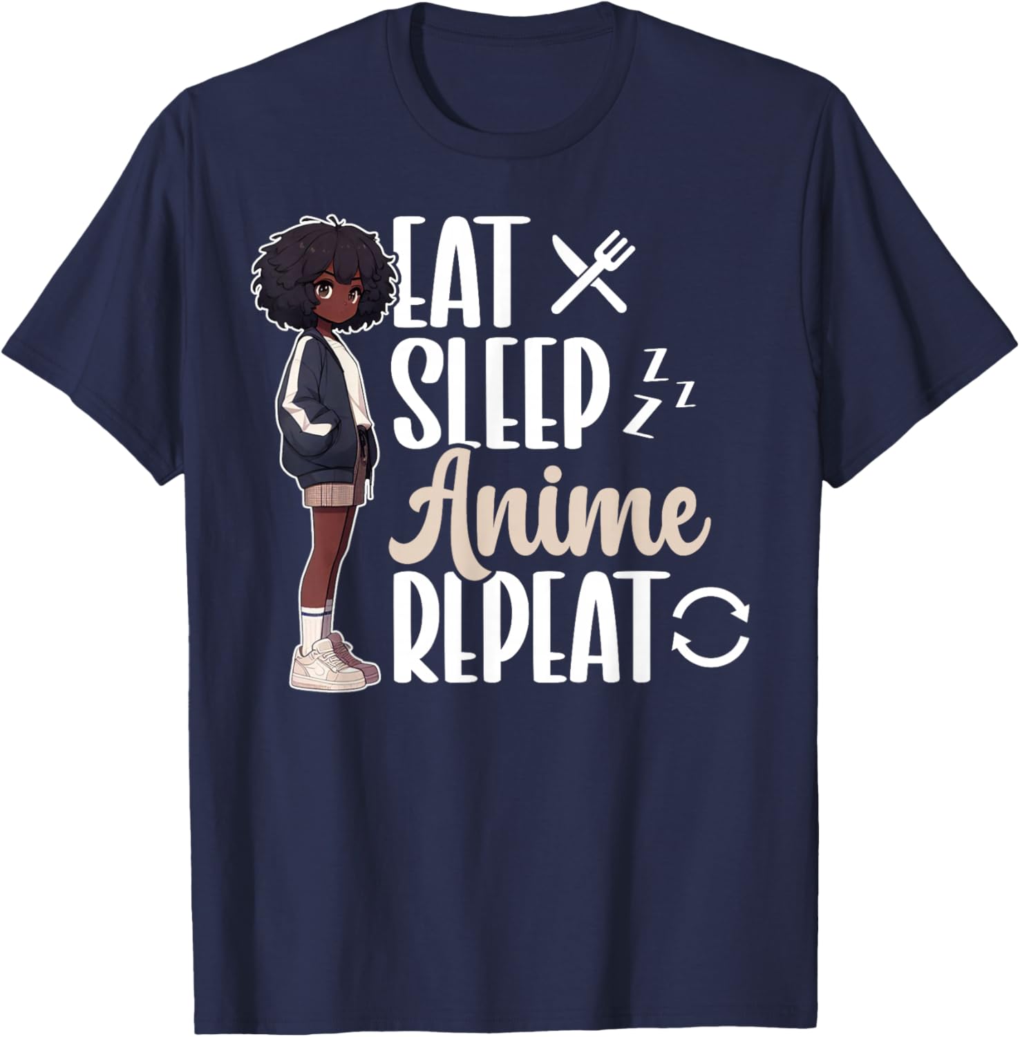 Eat Sleep Anime Repeat African American Afro Anime Merch T-Shirt - T-Shirt | Navy