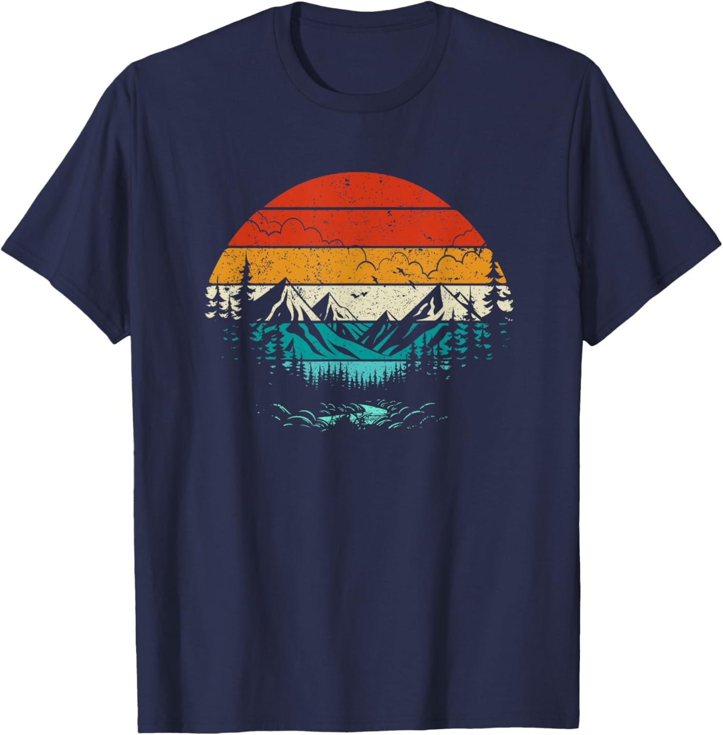 Retro Sunset Mountain Forest Camping Nature Outdoors Hiking T-Shirt - T-Shirt | Navy