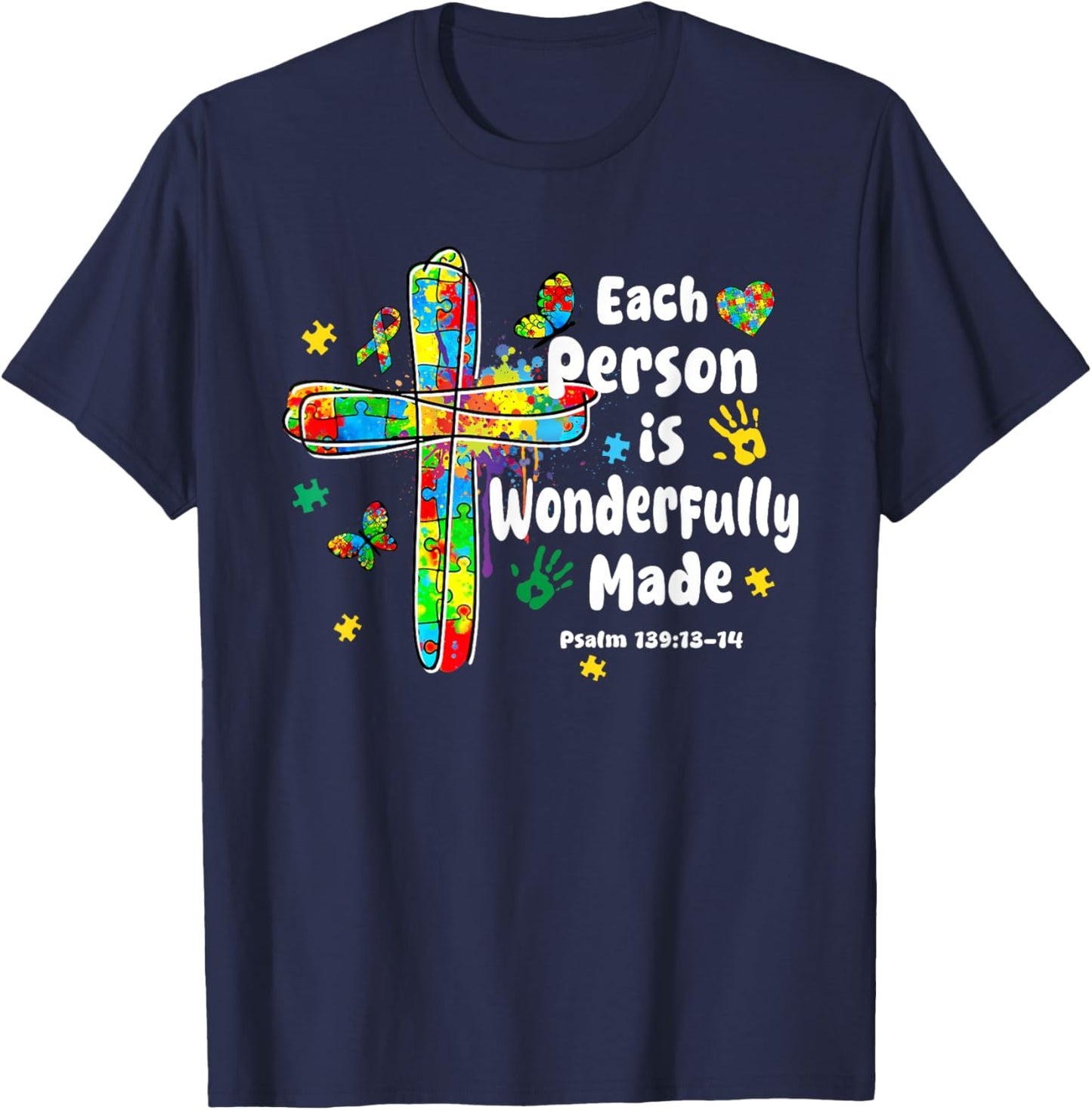 Each Person Is Wonderfully Made Christian Autism Bible Verse T-Shirt - T-Shirt | Navy