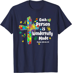 Each Person Is Wonderfully Made Christian Autism Bible Verse T-Shirt - T-Shirt | Navy