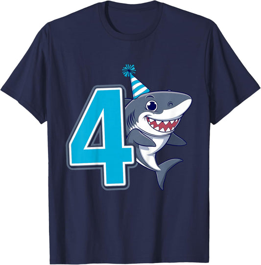Kids 4th Birthday Shark Kids T-Shirt - T-Shirt | Navy