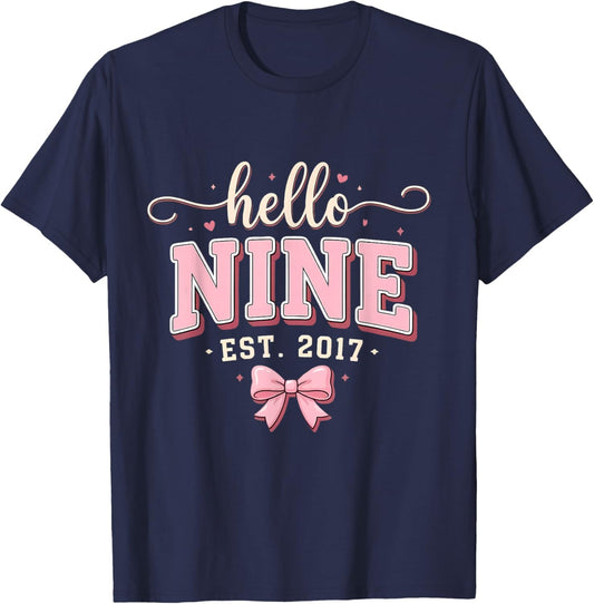 Hello Nine Est 2017 9th Birthday Girl Coquette Bow T-Shirt - T-Shirt | Navy