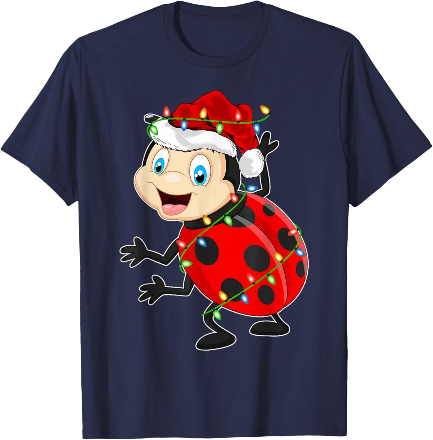 Xmas Lights Santa Hat Ladybug Christmas T-Shirt - T-Shirt | Navy