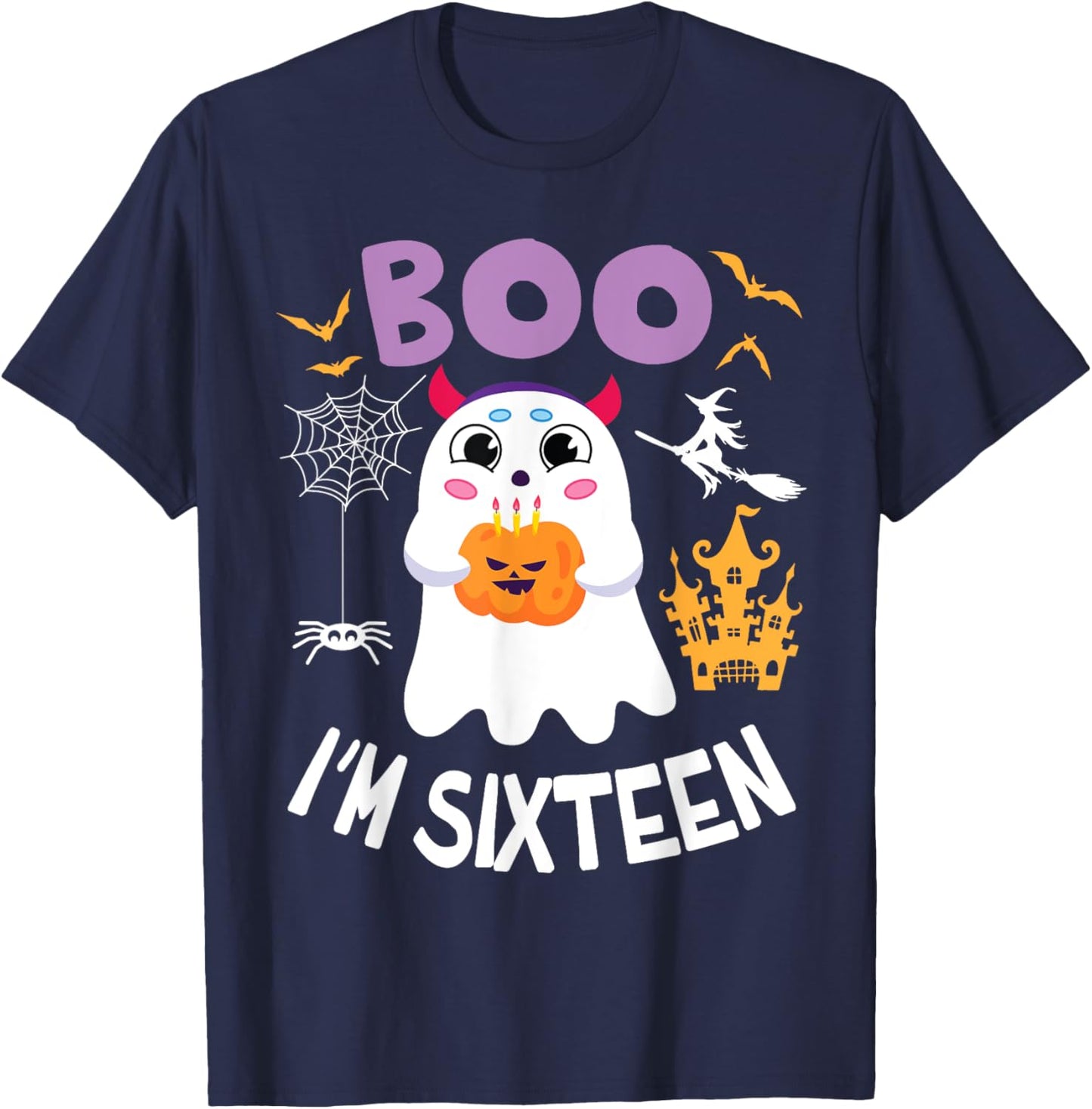 Ghost Hold Pumpkin Birthday Candles BOO I'm Sixteen Years T-Shirt - T-Shirt | Navy