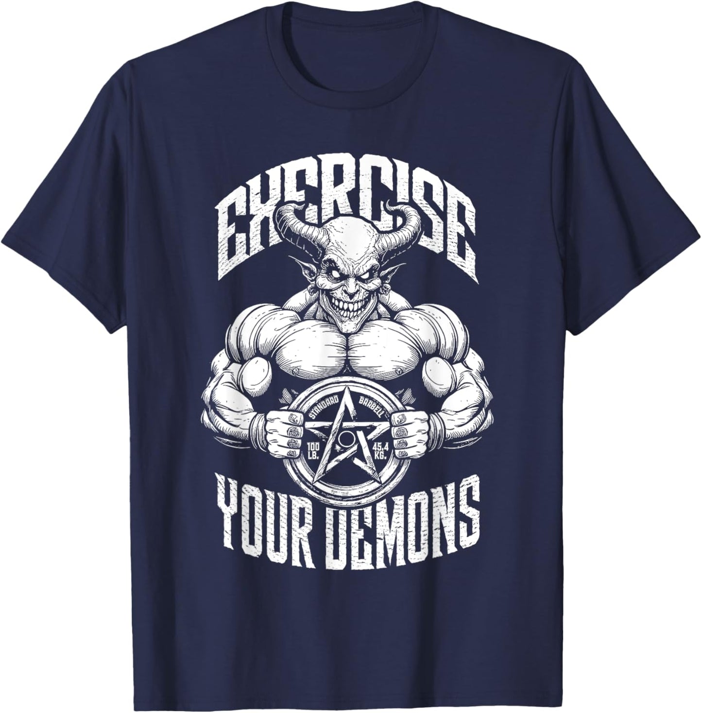 Exercise Your Demons Funny Gym Satanic Gothic Devil Workout T-Shirt - T-Shirt | Navy