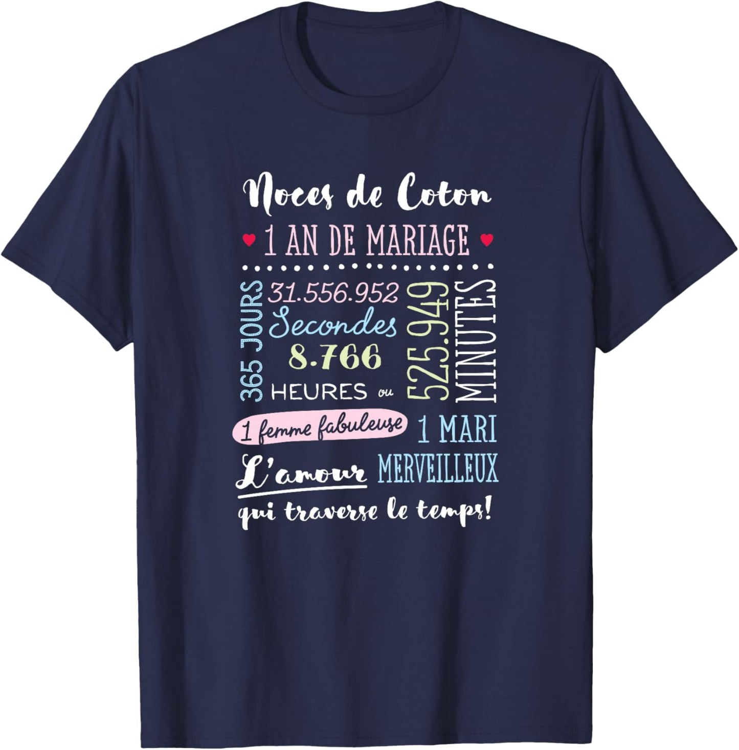 Cadeau d'anniversaire 1 an de Mariage - Noces de Coton Haut de Gamme T-Shirt - T-Shirt | Navy