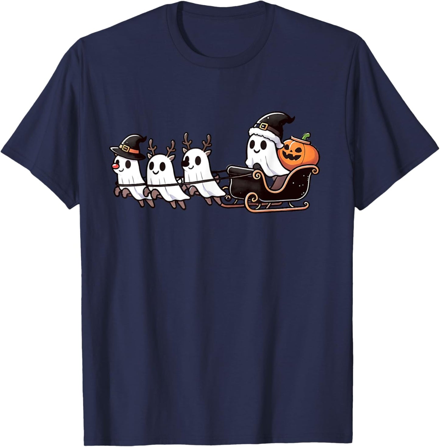 Halloween Christmas Santa's Reindeer Ghost Happy Ghost T-Shirt - T-Shirt | Navy