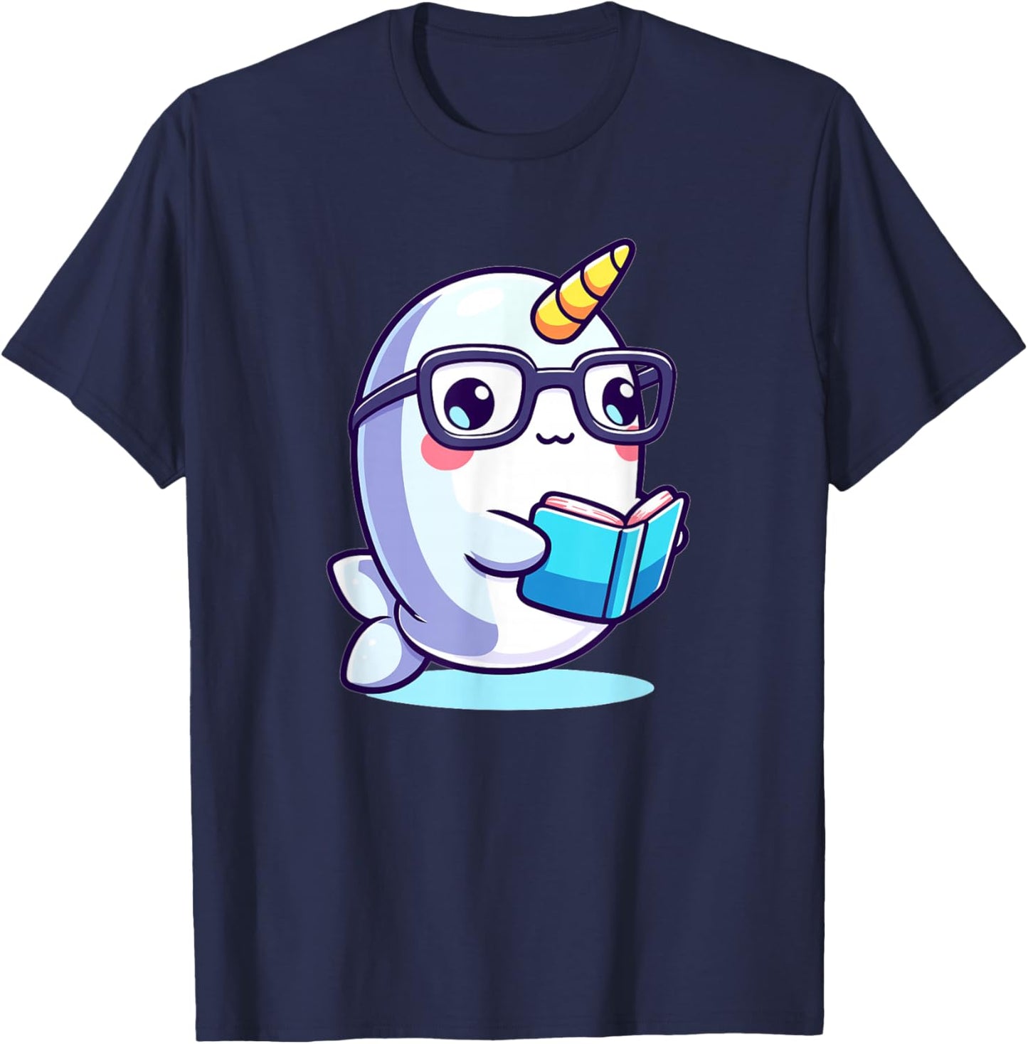 Adorable Book Lover Narwhal With Reading Glasses Cute T-Shirt - T-Shirt | Navy