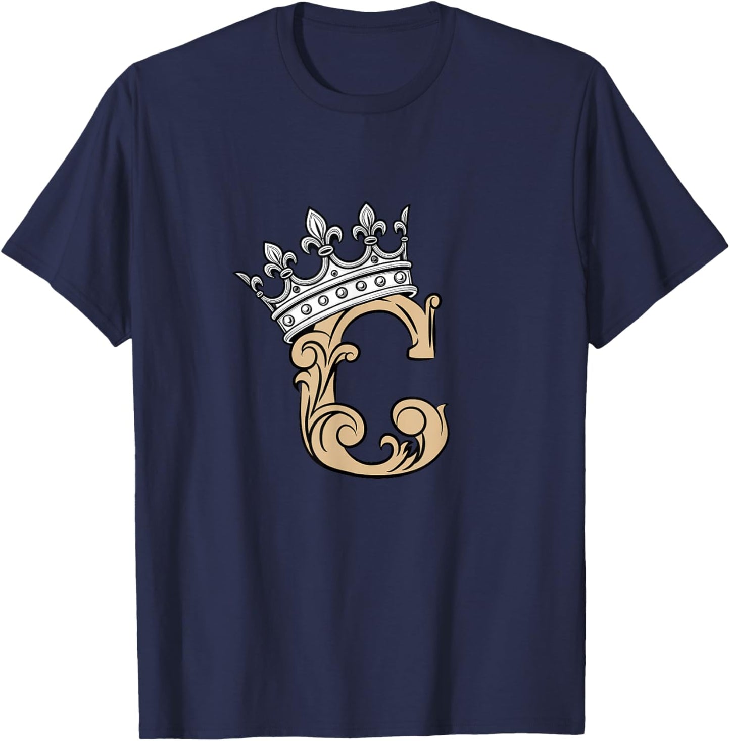 Tan Color Letter C Initial + Crown Tan Graphic T-Shirt - T-Shirt | Navy