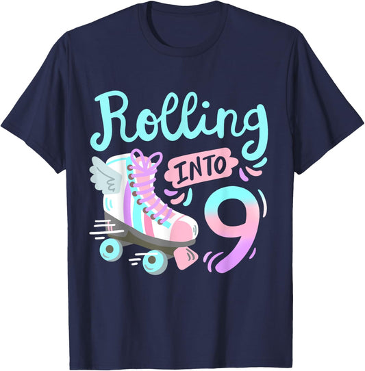 Rolling Into 9 Roller Skates Skater Girl 9th Birthday Party T-Shirt - T-Shirt | Navy
