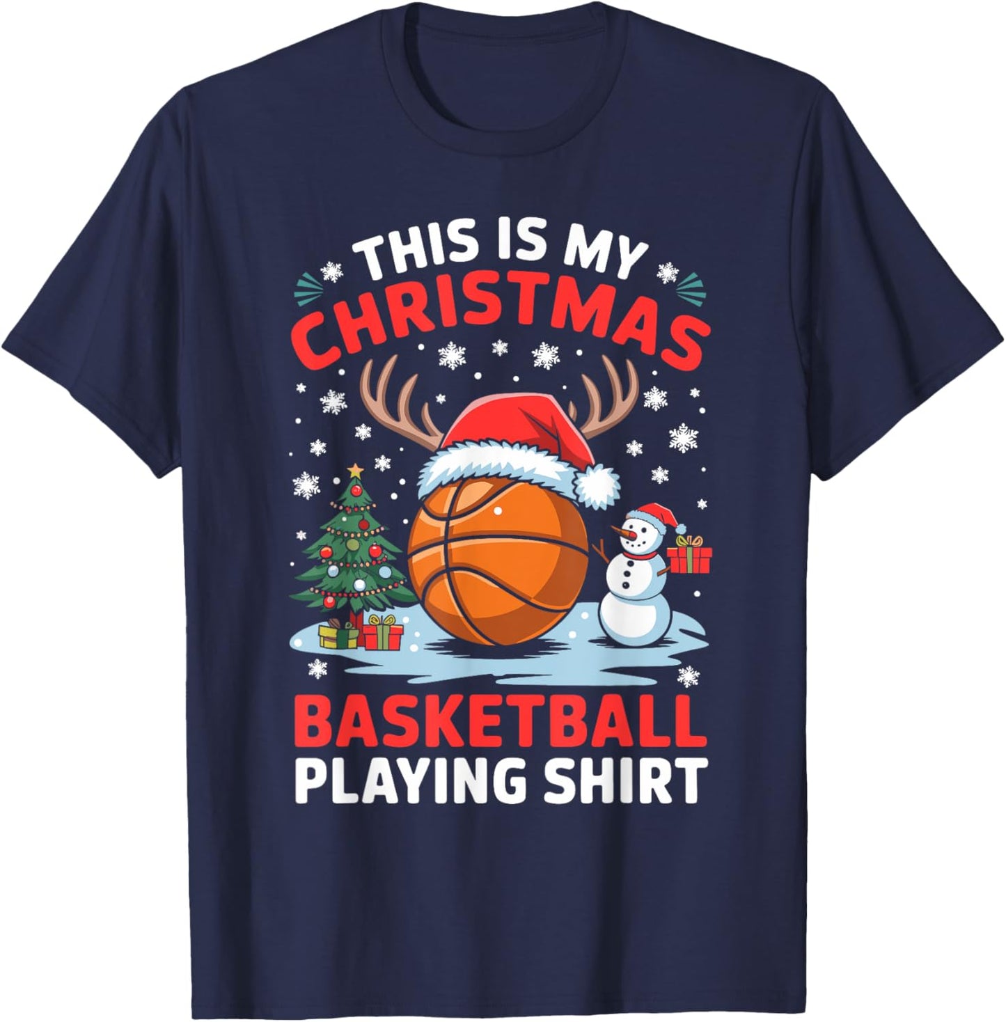 Christmas Basketball Player Santa Hat Basketball Christmas T-Shirt - T-Shirt | Navy