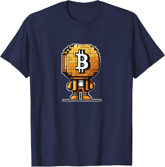 Pixelated bitcoin-head character cryptocurrency bitcoiner T-Shirt - T-Shirt | Navy