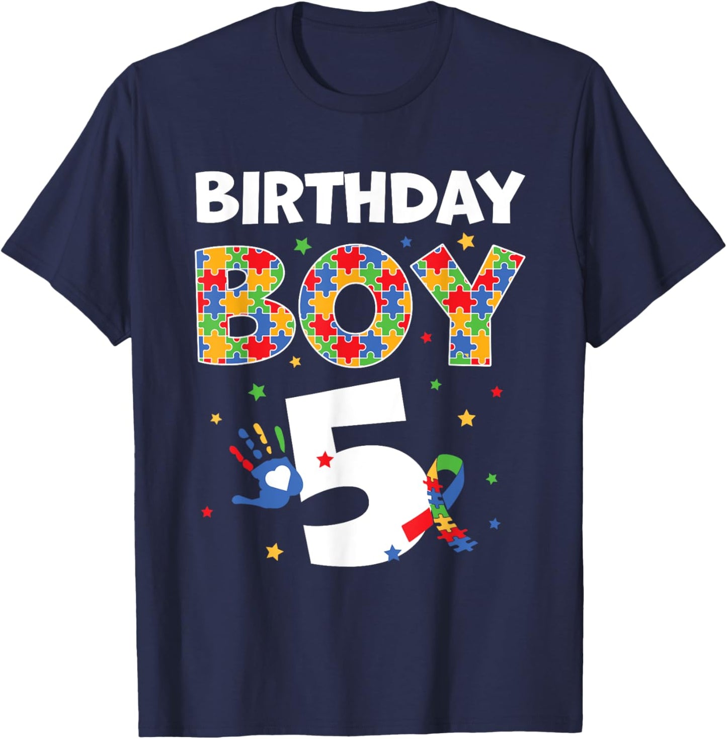The 5th Birthday Boy Autism Awareness Puzzle Piece T-Shirt - T-Shirt | Navy