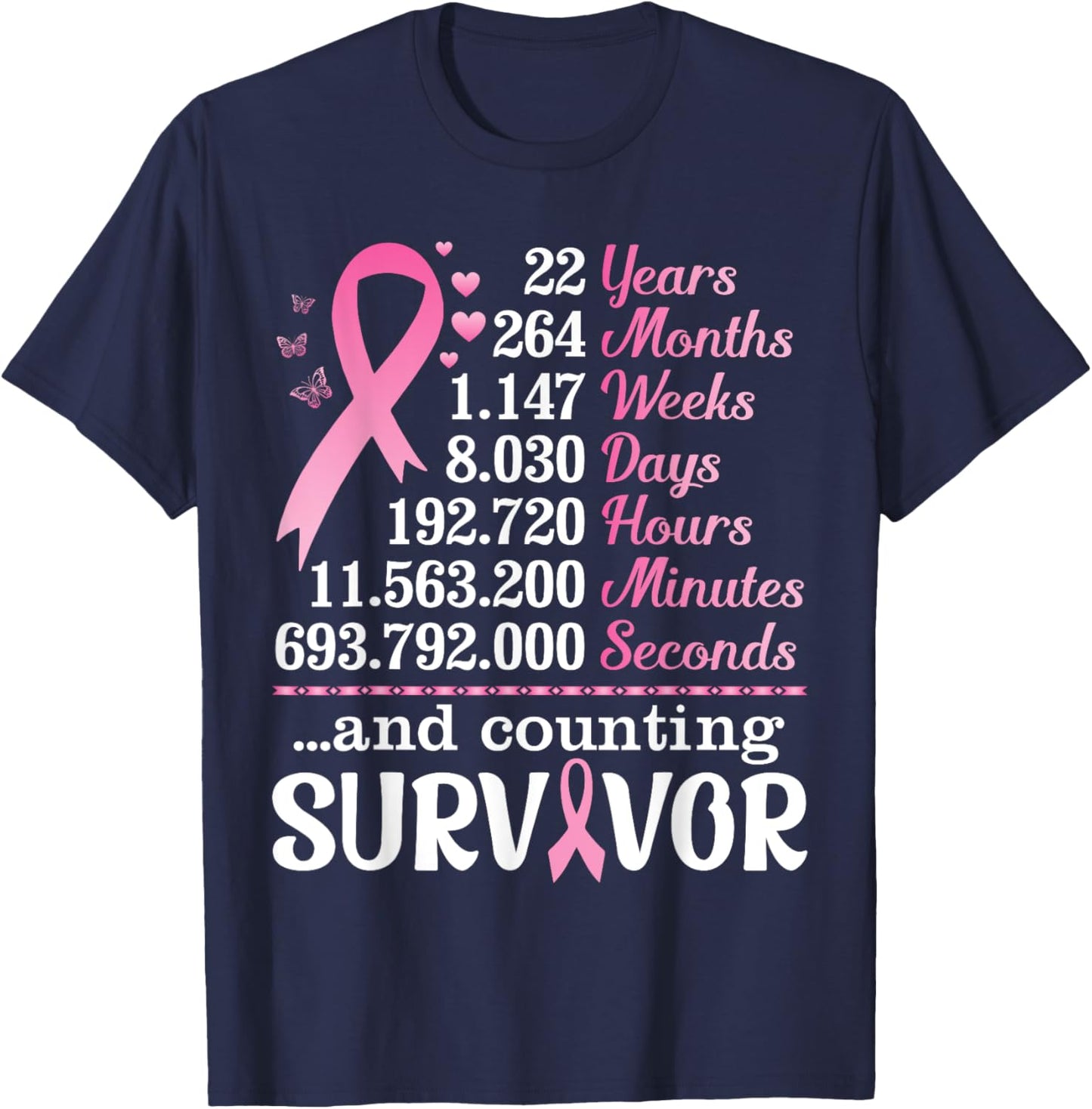 22 Years 264 Months Fighting Breast Cancer Counting Survivor T-Shirt - T-Shirt | Navy